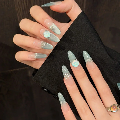 10pcs Solid Color Handmade False Nails Light Green French Style Gentle Long Almond Press On Nails Shiny Diamond Summer Fake Nail