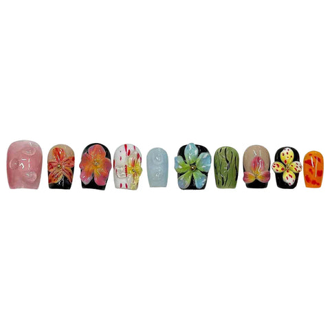 10pcs Handamde Press On Nails 3D Colorful Flower Designs False Nails Tips Glossy Short Square Wearable Summer Fake Nail Patches