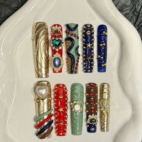 10pcs Handmade Press On Nails Long Coffin Gold Star Love Heart Pearl Designs False Nail Light Luxury Fake Nail For Women Girls