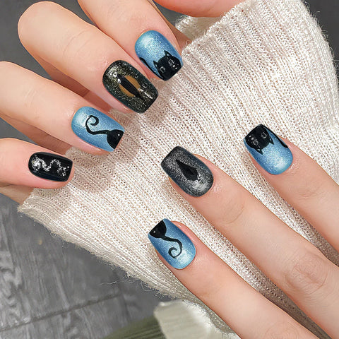 10pcs Glossy Blue Black False Nails Handmade Flash Short Square Fake Nail Patches Hand Painted Cute Cat Designs Press On Nails