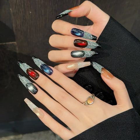 10pcs Spicy Girls Wearable Fake Nails Starry Sky Cat's Eye Long Coffin Handmade Press On Nails Full Shiny Diamond Y2k False Nail