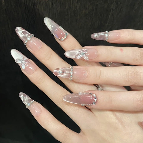 10pcs Handmade Press On Nails Crystal Butterfly Glossy Dimoand Decor False Nail Clear Cat Eye Sweet Pink French Style Fake Nails