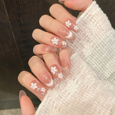 10pcs Hand-painted White Flower Press On Nails Glossy Pink Almond Cat's Eye False Nails Sweet Spring Detachable Fake Nail Tips