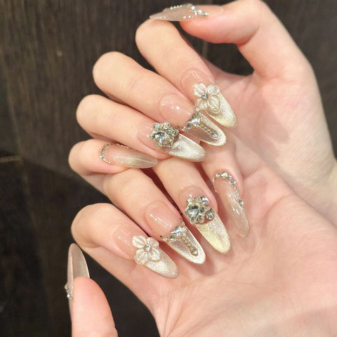 10pcs Long Almond Ballet False Nail Ice Transparent Cat Eye 3D Carving Flower Handmade Press on Nail Flash Rhinestone Fake Nails