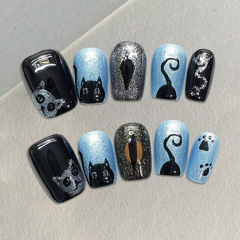 10pcs Glossy Blue Black False Nails Handmade Flash Short Square Fake Nail Patches Hand Painted Cute Cat Designs Press On Nails