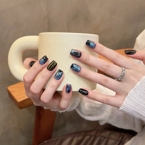 10pcs Glossy Blue Black False Nails Handmade Flash Short Square Fake Nail Patches Hand Painted Cute Cat Designs Press On Nails