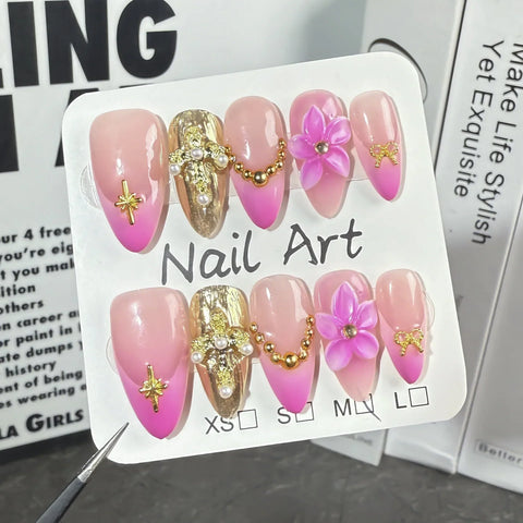 10pcs Rose Pink French Style Press On Nails Hand Carved Flower Gold Pearl Decor False Nails Ice Transparent Almond Fake Nail Tip