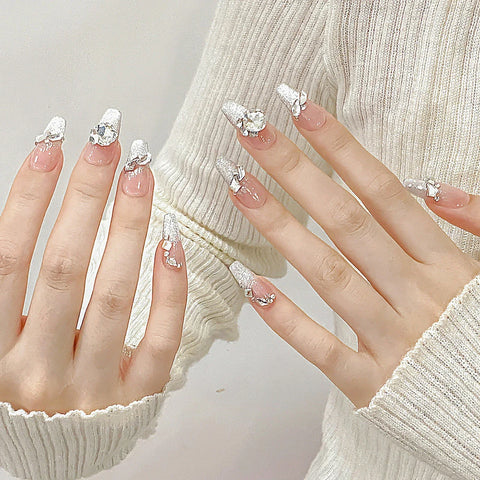 10pcs Handmade Press On Nails Flash Cat's Eye Nude Color Fake Nail Patches French Style Glossy Rhinestone Decor Fake Nail Tips