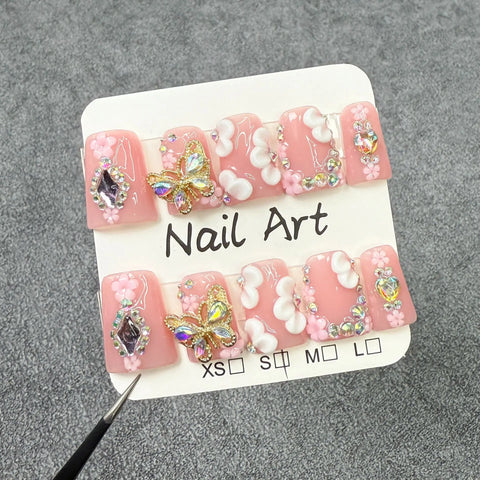 10pcs Pink Short Duckbill Press On Nails Sweet Fresh 3D White Flower Handmade False Nail Gold Metal Buttefly Decor Fake Nails