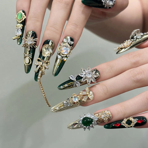 10pcs Emerald Long Almond False Nails 3D Gold Metal Bowknots Full Flash Diamond Crystal Press On Nail Luxury Handmade Fake Nail