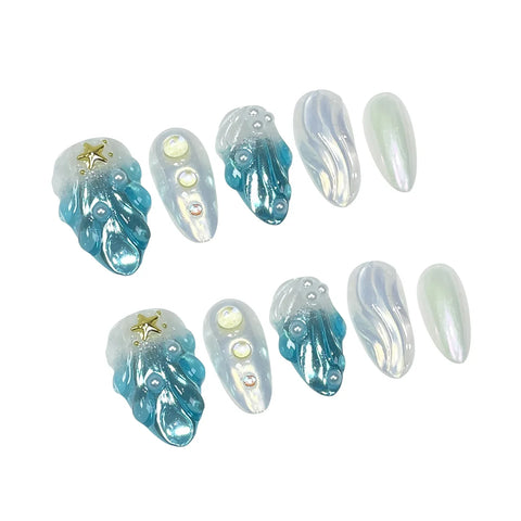 10pcs 3D Summer Handmade Fake Nails Glossy French Style Press On Nail Fflash Shells Pearl Golden Star Designs Press On Nails