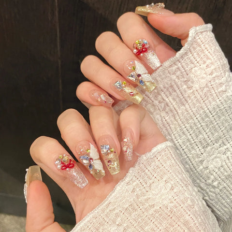 10pcs Spring Dopamine Handmade False Nail Clear Butterfly Flash Gold Pink Powder French Press On Nails Diamond Cat Eye Fake Nail