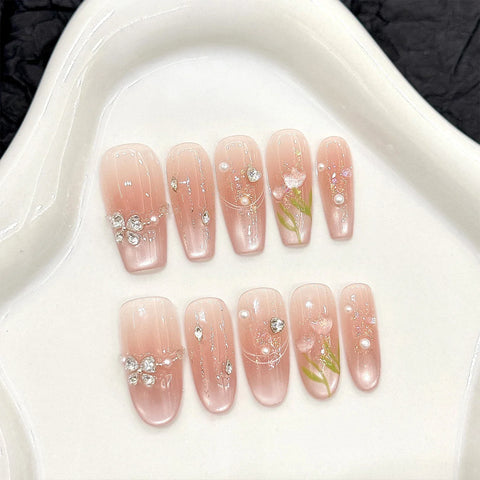 10pcs Blush Cat's Eye Manicure Hand-painted Tulip Flower Shiny Rhinestone Press On Nails Sweet Pink Spring Summer False Nails