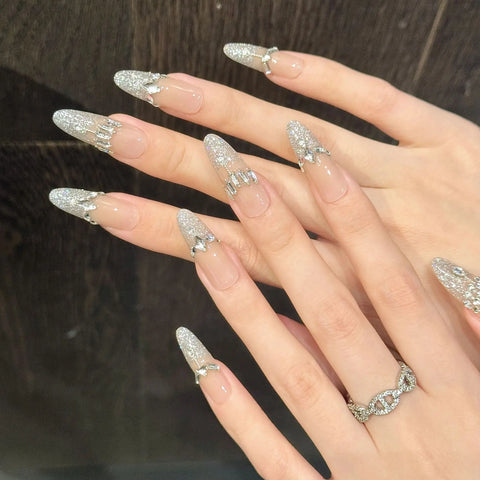 10pcs Flash Sequins French Tip Press On Nails Blush Long Almond Glitter Diamond Decor Handmade Fake Nail Light Luxury False Nail