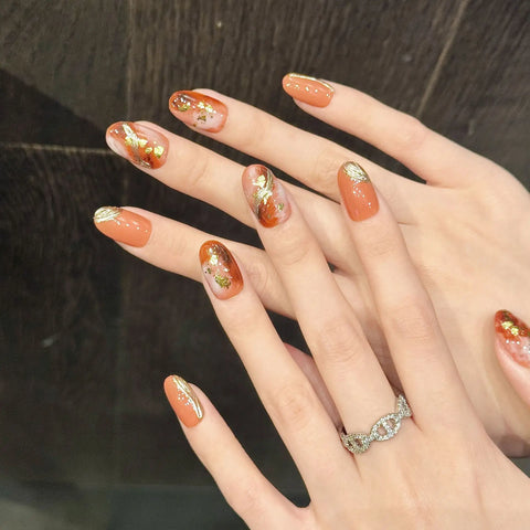 10pcs Handmade Press On Nails Smudging Orange Shiny Gold Foil Designs Fake Nails Court Style Japenese False Nail For Women Girls