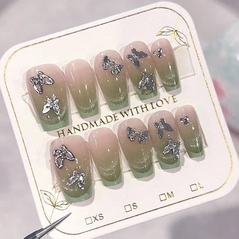10pcs Blue Edge French Tips Press On Nails Handmade Grey Cat's Eye False Nail With Metal Butterfly Decor Short Reusable Manicure