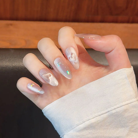 10pcs Handmade Press On Nails Glitter Pink Love Heart Cat's Eye Fake Nail Tips Full Cover Fashionable Fake Nails For Women Girls