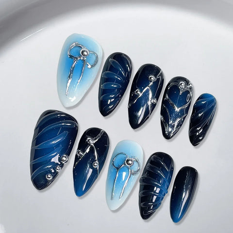 10pcs Handmade Press On Nails Blush Gradient Blue 3D Water Ripple Bowknots Decor Y2k Style False Nails Wearable Almond Manicure