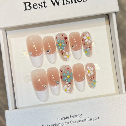 10pcs Romantic Rose Handmade Press On Nails Hand-painted Red Flower Designs False Nail Short Almond French Style Fake Nails