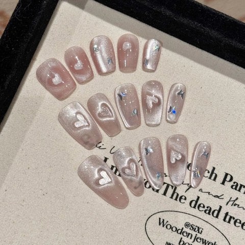 10pcs Handmade Press On Nails Glitter Pink Love Heart Cat's Eye Fake Nail Tips Full Cover Fashionable Fake Nails For Women Girls
