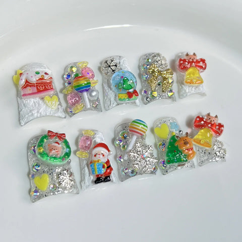 10pcs Colorful French Style Handmade Fake Nails Shiny Diamond Cherry Star Lolipop Butterfly Press On Nails Sweet Cool False Nail