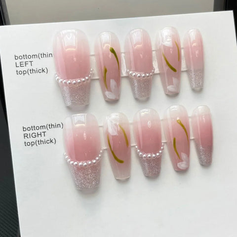 10pcs Blush Pink Press On Nails Handmade Wearable Fake Nail Patches With Pearl Flower Designed Korean Style False Nail Tips