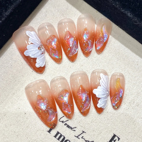 10pcs Blush Pink Fake Nail Patches Handmade Pearl Love Heart Press On Nails Planet Cross Designs Detachable Almond