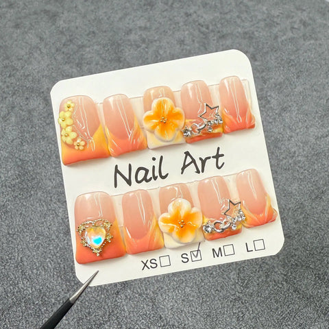 10pcs Handmade Press On Nail Gradient Vitality Orange French Style Fake Nails Y2k Star 3D Carving Flower Decor Summer False Nail