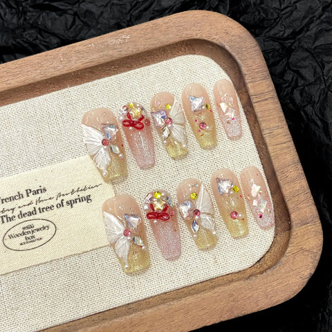 10pcs Spring Dopamine Handmade False Nail Clear Butterfly Flash Gold Pink Powder French Press On Nails Diamond Cat Eye Fake Nail