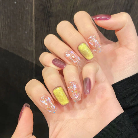 10pcs New Two Color Press On Nails Handmade Glossy Glass Beads Cat's Eye False Nails Shiny Sequins Designs DIY Fake Nail Tips