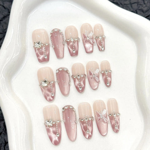 10pcs Handmade Press On Nails Crystal Butterfly Glossy Dimoand Decor False Nail Clear Cat Eye Sweet Pink French Style Fake Nails