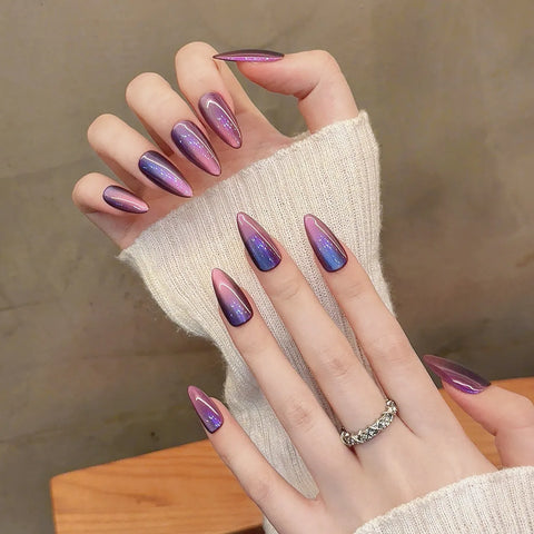 10pcs Glossy Cat's Eye Press On Nails Nude Purple Color Wearable Almond Handmade False Nails Daily Party Manicure For Women