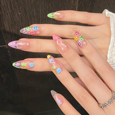 10pcs Hand-painted Color Smile Face False Nails Summer Rainbow Cute Graffiti Handmade Press On Nails French Almond Fake Nail