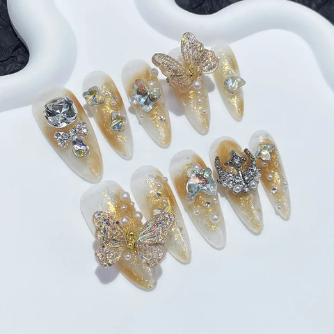 10pcs Handmade Press On Nails Smudging Black Butterfly Shiny Seuquins Designs False Nail Y2k Sweet Cool Long Almond Fake Nails