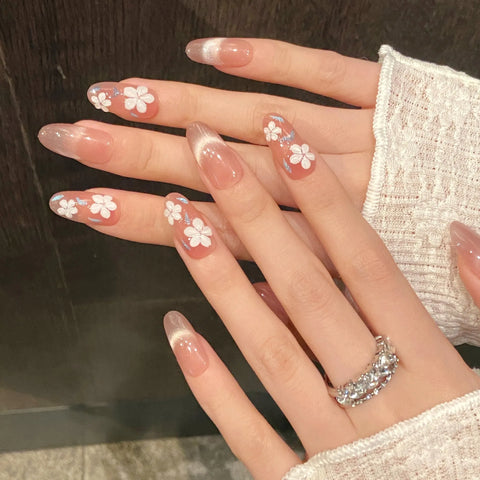10pcs Hand-painted White Flower Press On Nails Glossy Pink Almond Cat's Eye False Nails Sweet Spring Detachable Fake Nail Tips