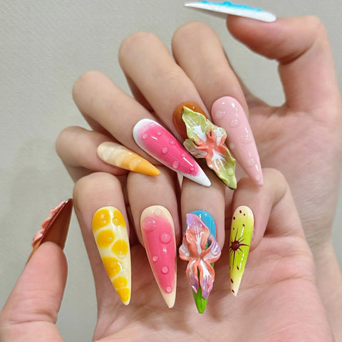 10pcs Tropical Flower Handmade Press On Nails Colorful Blossom Summer Day Dopamine False Nails Long Stiletto Sweet Cool Manicure