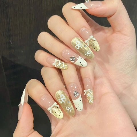10pcs Handmade Press On Nails Kawaii Almond White French Bowknots Decor Fake Nails Shiny Gold Powder Cat Eye Sweet False Nail