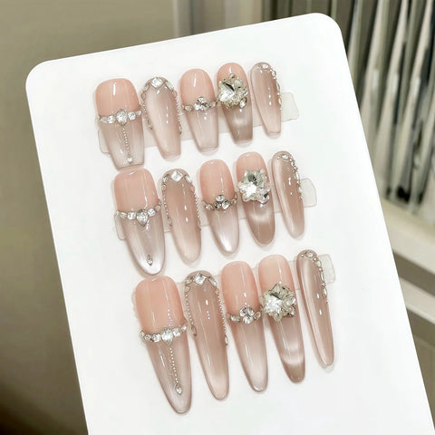 10pcs Handmade Press On Nails Pure Nude Color Cat's Eye Light Pink False Nails Glossy Diamond French Style Fake Nail Wearable