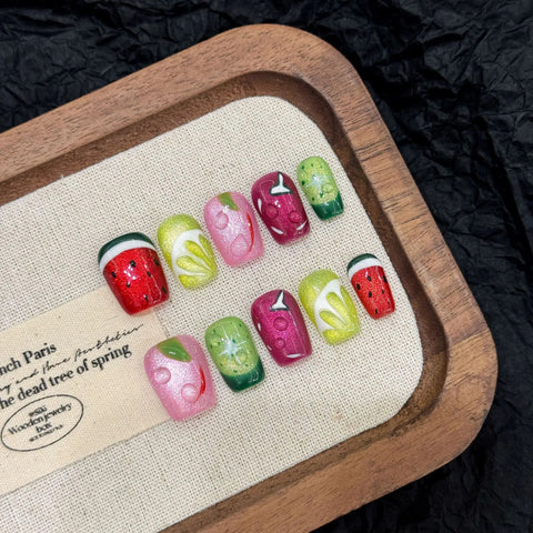 10pcs Summer Colorful Painting Fruit False Nail Tips Handmade Glitter Cat's Eye Press On Nails Hawaii Dopamine Fake Nails