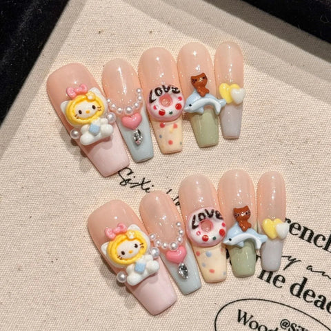 10pcs Cute Kapibala Handmade Fake Nails Blush Pink Hand-painted French Style Press On Nails Bowknots Decor Wearable False Nail