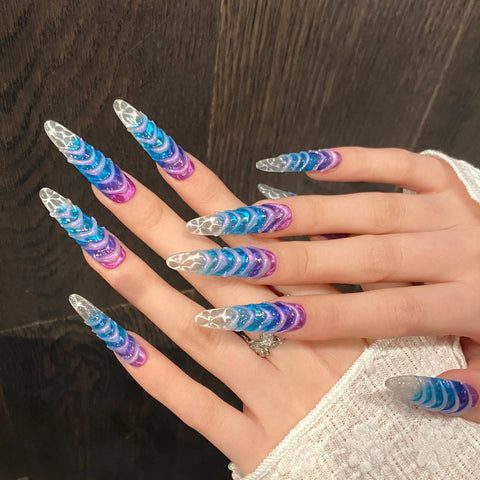 10pcs Handmade Press On Nails Gradient Blue Purple 3D Water Ripple French Style Fake Nails Starry Sky Long Ballerina False Nail
