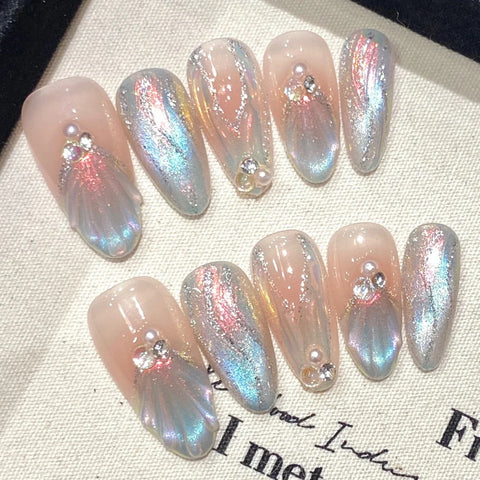10pcs Handmade Mermaid Fake Nails Short Almond Glossy Cat's Eye Press On Nail With 3D Swan Designs Purple French False Nail Tips
