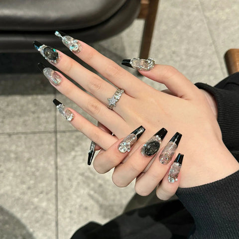 10pcs Black French Style Press On Nails Handmade Full Flash Rhinestone Decor False Nails Light Luxury Fake Nail For Hot Girls