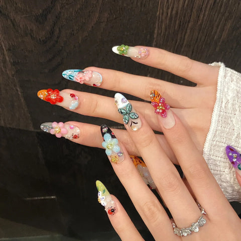 10pcs Creative Summer False Nails Handmade 3D Colorful Flower Insect Designs Press On Nails Y2k French Style Spring Fake Nail