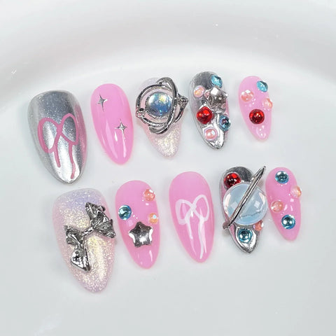 10pcs Blush Pink Fake Nail Patches Handmade Pearl Love Heart Press On Nails Planet Cross Designs Detachable Almond