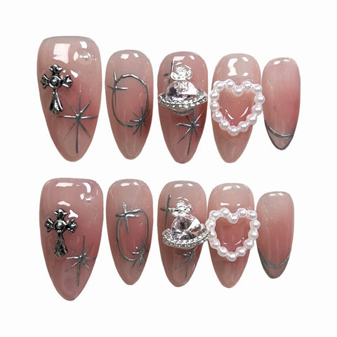 10pcs Blush Pink Fake Nail Patches Handmade Pearl Love Heart Press On Nails Planet Cross Designs Detachable Almond