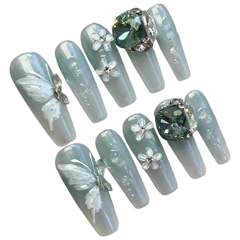 10pcs Blue Green Fake Nail Tips Long Coffin Handmade Press On Nails Butterfly Flower Big Glossy Diamond Designs False Nails