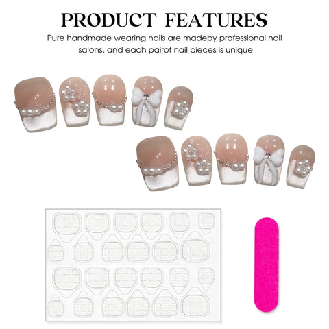 10pcs Handmade Nude Fake Nails Blush Pink Glossy Cat's Eye Press On Nails Bowknots Designs French False Nail Reusable Manicure