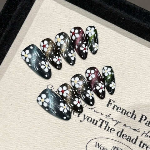 10pcs Colorful Painting Flower False Nails Handmade Aurora Black Press On Nails Detachable Almond Fake Nail Tips For Cool Girls