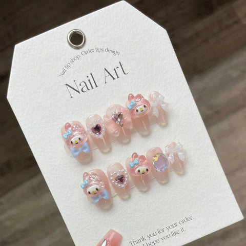 10pcs Handmade Press On Nails Lignt Pink Cute Cartoon Decor False Nail Patches 3D Bows Pearl Designs Korean Fake Nail Tips